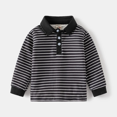 Kids Boys Long Sleeve Polo Shirt Autumn Thickened Turn-down Collar Striped Solid Color Top Casual Boys Base Layer Clothing