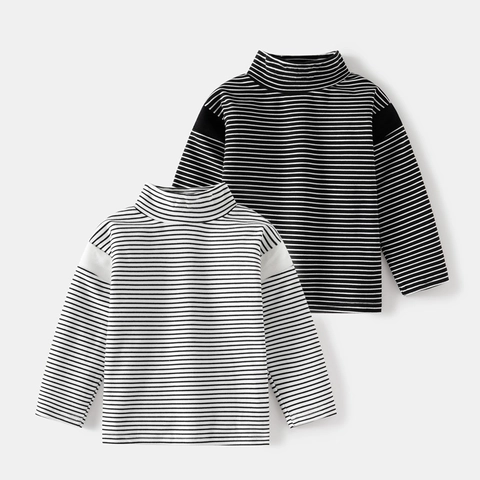 T-Shirt à Rayures Manches Longues pour Garçons Enfants Col Montant Sous-pull Top Polyester Chaud Doux Décontracté Automne Hiver