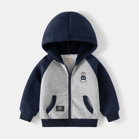 Jongens Kapjas Met Rits Contrast Kleur Raglanmouwen Geborduurd Beer Verdikte Fleece Bovenkleding Herfst Winter Kinderen Warme Jas