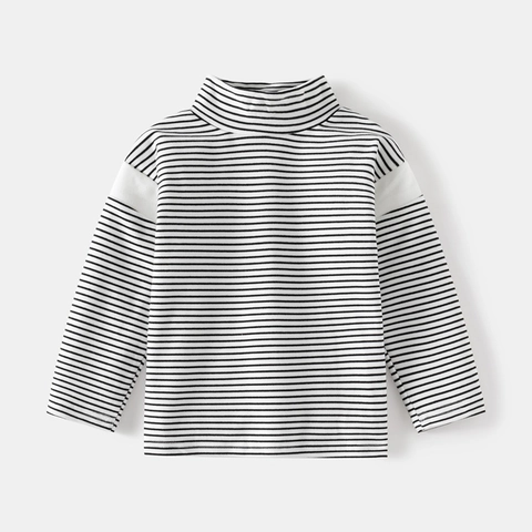T-Shirt à Rayures Manches Longues pour Garçons Enfants Col Montant Sous-pull Top Polyester Chaud Doux Décontracté Automne Hiver
