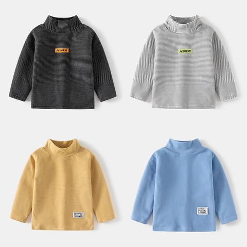 Unisex Kids Striped High Neck T-Shirt Korean Style Warm Polyester Long Sleeve Base Layer Top For Boys Girls Casual Daily Wear