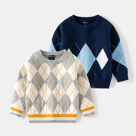 Pull Argyle en Mélange de Coton pour Garçons Automne Hiver Style Preppy Col Rond Manches Longues Tricot Top Enfants