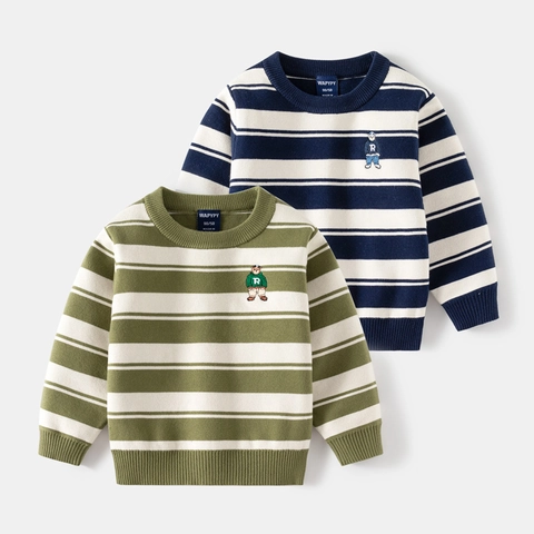 Pull en Tricot à Rayures pour Garçons Broderie d'Ours Col Rond Manches Longues Pull en Mélange de Coton Chaud Hiver Vêtements pour Enfants