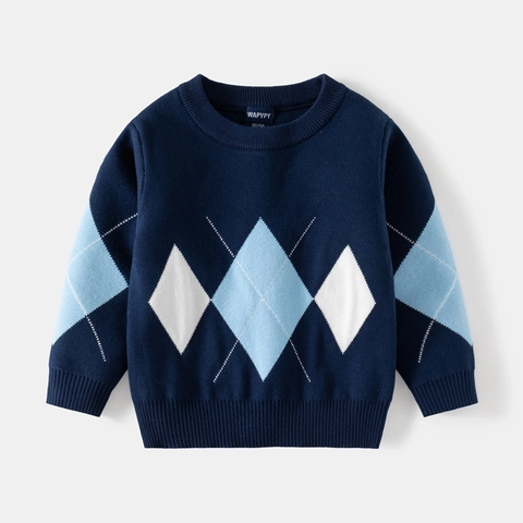 Pull Argyle en Mélange de Coton pour Garçons Automne Hiver Style Preppy Col Rond Manches Longues Tricot Top Enfants