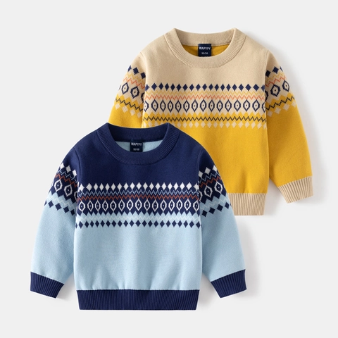 Jongens Gebreide Trui Katoenmix Koreaanse Stijl Geometrische Jacquard Color Block Lange Mouw Ronde Hals Kinderen Breigoed
