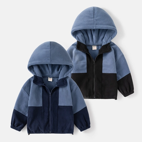 Jongens Fleece Jas met Capuchon Kleurblok Rits Polar Fleece Jas Warme Bovenkleding Voor Kinderen Peuters Zachte Verdikte Tops
