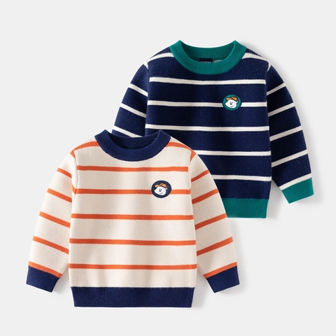 Pull en Tricot Rayé pour Garçons Décontracté Col Rond Manches Longues Pullover Avec Écusson Dessin Animé Automne Hiver Vêtements Enfants