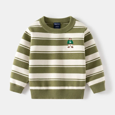 Pull en Tricot à Rayures pour Garçons Broderie d'Ours Col Rond Manches Longues Pull en Mélange de Coton Chaud Hiver Vêtements pour Enfants
