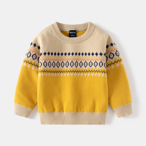 Jongens Gebreide Trui Katoenmix Koreaanse Stijl Geometrische Jacquard Color Block Lange Mouw Ronde Hals Kinderen Breigoed
