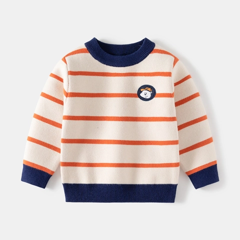 Pull en Tricot Rayé pour Garçons Décontracté Col Rond Manches Longues Pullover Avec Écusson Dessin Animé Automne Hiver Vêtements Enfants
