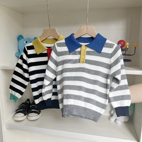 Pull Polo en Maille Rayé Garçons Coton Manches Longues Style Coréen Haut Automne Enfant Rayures Gris Noir