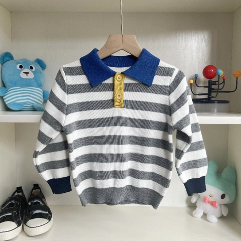 Pull Polo en Maille Rayé Garçons Coton Manches Longues Style Coréen Haut Automne Enfant Rayures Gris Noir