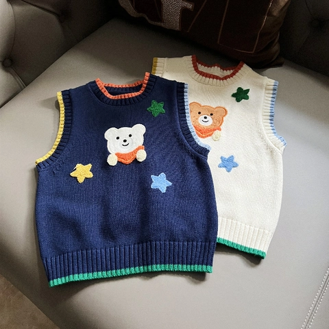 Gilet en Tricot pour Enfants de Style Coréen Pull Sans Manches Brodé Ours de Dessin Animé Pullover en Coton Col Rond pour Garçons Enfants