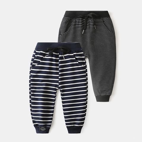 Boys Striped Sports Pants Soft Cotton Blend Sweatpants With Drawstring Waist Ribbed Cuffs And Smiley Patch Korean Style
