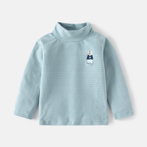 Jongens Gestreept T-Shirt Met Hoge Hals Beer Borduurwerk Lange Mouw Polyester Top Herfst Winter Casual Zacht Ondergoed
