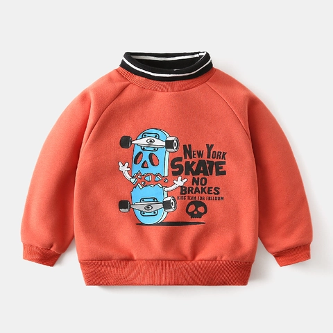 Felpa Calda da Ragazzo Foderata in Pile Cartoon Skateboard Mock Neck Pullover Autunno Inverno Bambini Stile Coreano Top