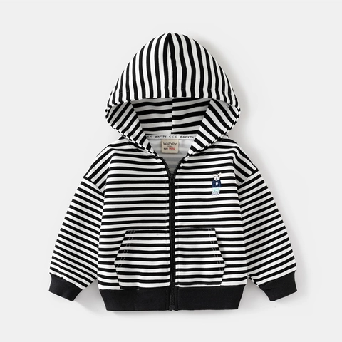 Jungen Kapuzen-Sweatshirt Mit Reißverschluss Herbst Baumwollmischung Bär Stickerei Verdickte Fleecejacke Kleinkind Gestreifte Oberbekleidung