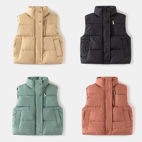 Kids Boys Winter Thickened Quilted Vest Polyester Korean Style Stand Collar Sleeveless Zipper Padded Outerwear Toddler Jacket