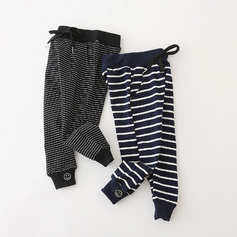 Boys Striped Sports Pants Soft Cotton Blend Sweatpants With Drawstring Waist Ribbed Cuffs And Smiley Patch Korean Style