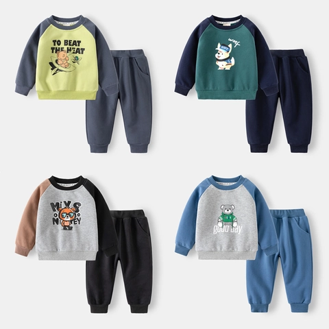 Jongens Casual Katoenmix Hoodie En Broek Set Cartoon Bedrukt Raglanmouwen Sportief Herfst Kleding Voor Kinderen Peuter