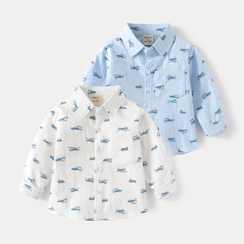 Boys Fashion Cartoon Construction Vehicle Print Long Sleeve Shirt Toddler Baby Cotton Square Collar Button Down Tops