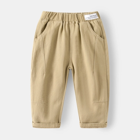 Boys Casual Cotton Blend Washed Long Pants For Kids 3-8 Years Old Elastic Waist Solid Color Fashion Trousers With Letter Label