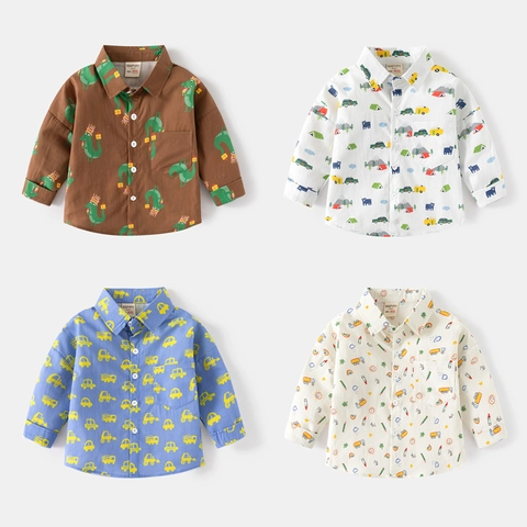 Boys Cotton Long Sleeve Shirt Cartoon Printed Button Down Casual Korean Style Spring Autumn Tops For Toddler Children