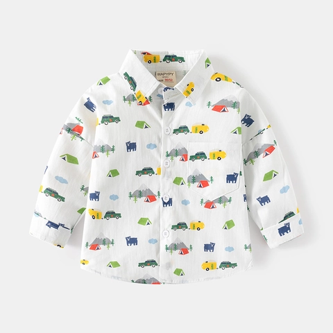Boys Cotton Long Sleeve Shirt Cartoon Printed Button Down Casual Korean Style Spring Autumn Tops For Toddler Children