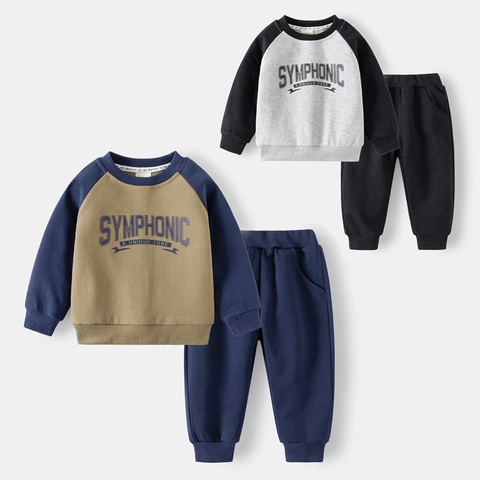 Jongens Sportief Tweedelig Set Kleurblok Letteropdruk Sweatshirt En Broek Casual Lente Katoenmix Kinder Outfits