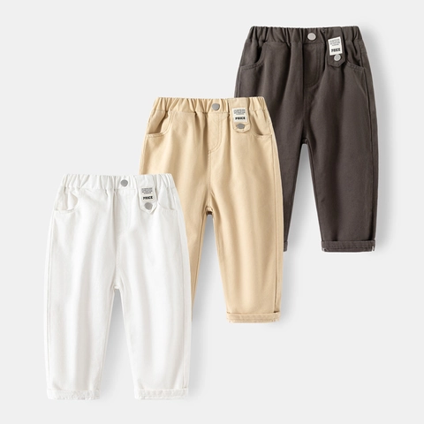 Pantalones Largos de Algodón Casuales para Niños Color Sólido Cintura Elástica Pantalones Modernos Con Parche de Etiqueta
