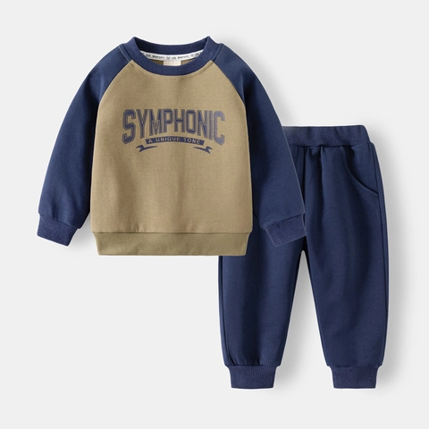 Jongens Sportief Tweedelig Set Kleurblok Letteropdruk Sweatshirt En Broek Casual Lente Katoenmix Kinder Outfits