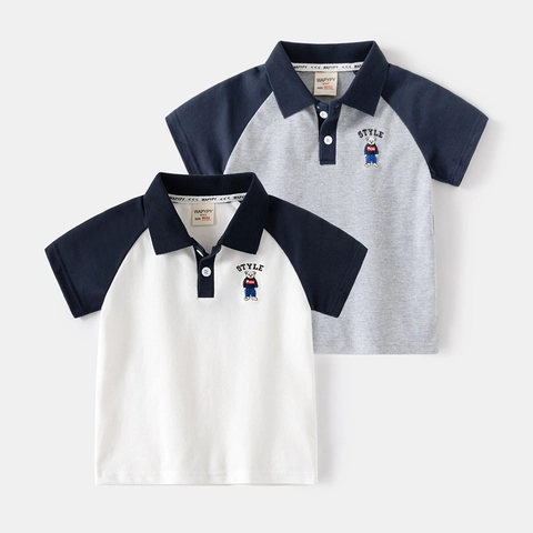 Boys Short Sleeve Polo Shirt Cotton Blend Patchwork Bear Embroidered Top Korean Style Casual Summer Apparel For Toddlers