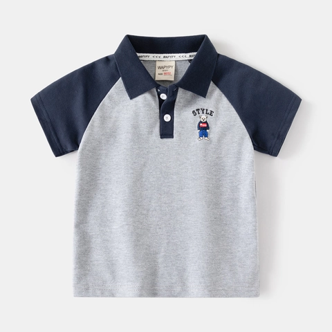 Boys Short Sleeve Polo Shirt Cotton Blend Patchwork Bear Embroidered Top Korean Style Casual Summer Apparel For Toddlers