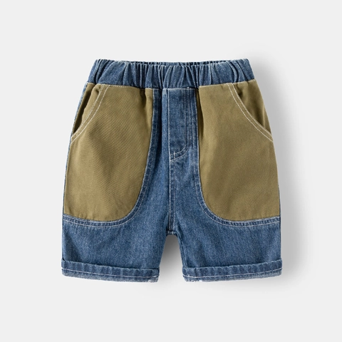 Jongens Koreaanse Stijl Patchwork Denim Shorts Katoen Gewassen Cargo Shorts Met Contrastzakken Voor Kinderen Zomer Casual Dagelijks