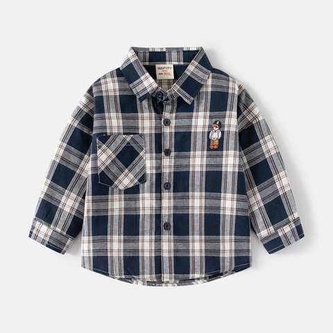 Kinder Jungen Langarm Kariertes Hemd 100% Baumwolle Umschlagkragen Bärenstickerei Marineblau Karo Button Down Casual Hemd