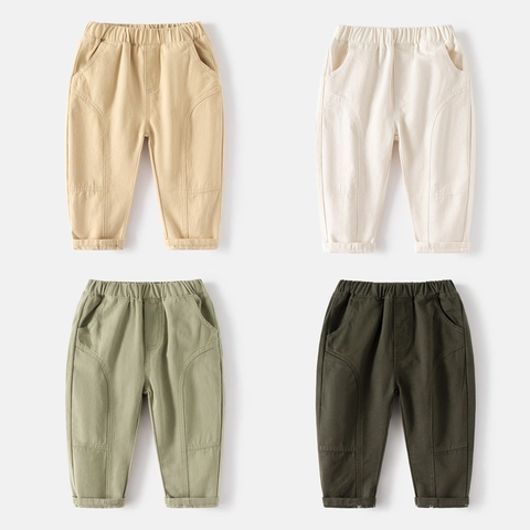 Boys Casual Cotton Pants Solid Color Elastic Waist Cargo Trousers For Kids Children Fashion Soft Pants Spring Autumn Trousers