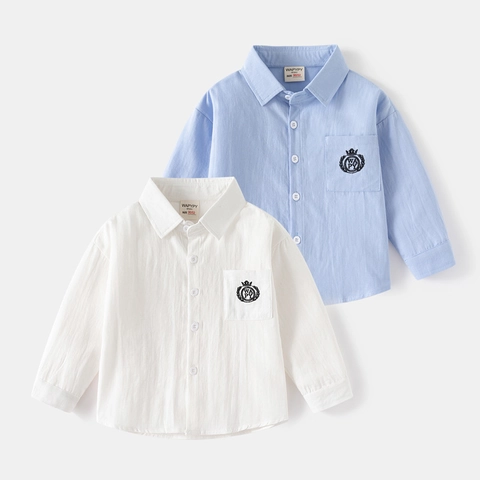 Camicia a Maniche Lunghe in Cotone 100% per Ragazzi Stile Coreano Logo Ricamato Colletto Quadrato Abbottonata per Bambini Scuola Quotidiana