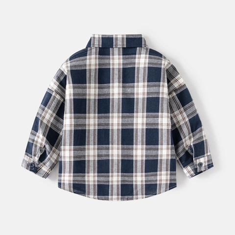 Kinder Jungen Langarm Kariertes Hemd 100% Baumwolle Umschlagkragen Bärenstickerei Marineblau Karo Button Down Casual Hemd