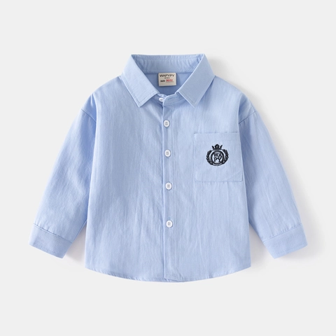 Camicia a Maniche Lunghe in Cotone 100% per Ragazzi Stile Coreano Logo Ricamato Colletto Quadrato Abbottonata per Bambini Scuola Quotidiana