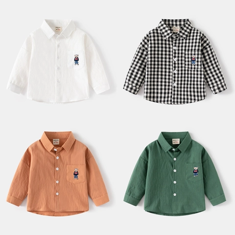 Camicia a Maniche Lunghe in Cotone WAPYPY per Ragazzi Con Ricamo Orsetto Cartoon Casual Bottoni Scollo a Revers per Bambini