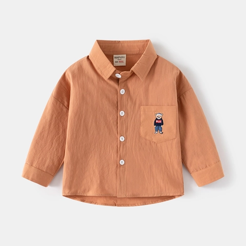 Camicia a Maniche Lunghe in Cotone WAPYPY per Ragazzi Con Ricamo Orsetto Cartoon Casual Bottoni Scollo a Revers per Bambini