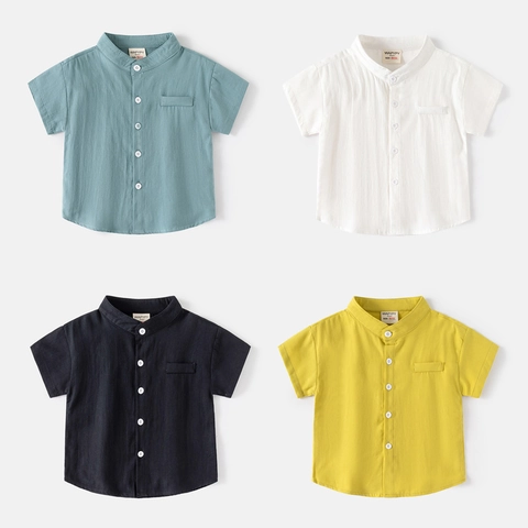 Kids Boys Short Sleeve Shirt Soft Cotton Mandarin Collar V Neck Summer Top Solid Color Casual Relaxed Fit Toddler Clothing