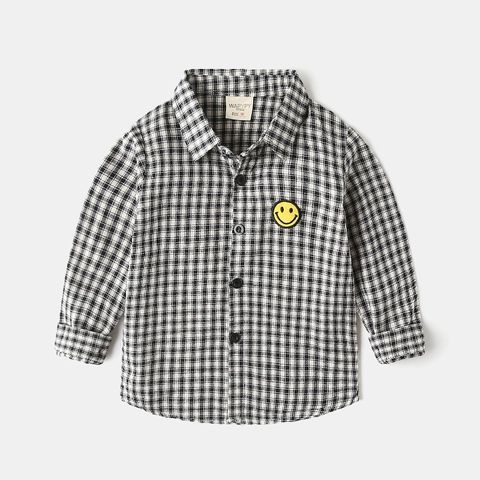 Camicia a Quadri da Ragazzo in Cotone a Maniche Lunghe Casual Stile Coreano Con Patch Cartone Animato Top Per Primavera Autunno