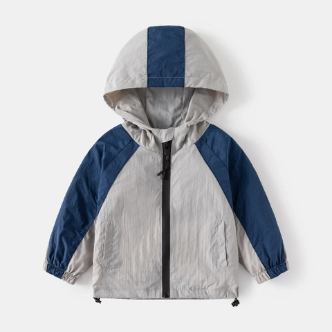 Jongens Casual Zonbeschermingsjack Met Capuchon Kleurblok Rits Winddichte Jas Voor Kinderen Lente Zomer Outdoor Lichtgewicht Top