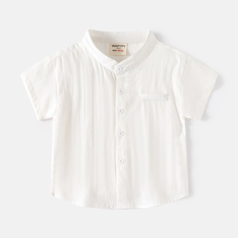 Kids Boys Short Sleeve Shirt Soft Cotton Mandarin Collar V Neck Summer Top Solid Color Casual Relaxed Fit Toddler Clothing