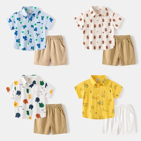 Conjunto de Camiseta de Manga Corta y Pantalones Cortos 100% Algodón para Niños Estampado de Animales de Dibujos Animados