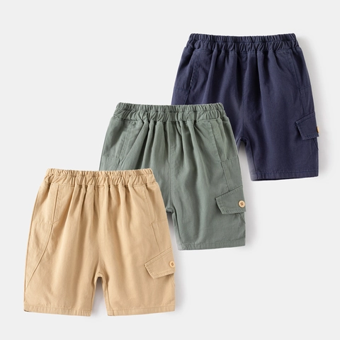 Boys Casual Cotton Blend Cargo Shorts Summer Breathable Solid Color Five-quarter Pants Elastic Waist Top With Pockets For Kids