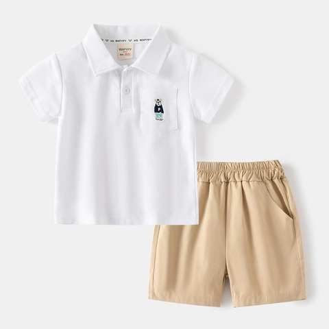 Conjunto Polo de Verano de Dos Piezas para Niños Pequeños Camisa de Algodón de Manga Corta y Pantalones Cortos Con Bordado de Oso