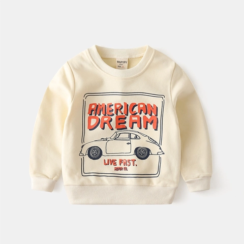 Sudadera de Mezcla de Algodón con Estampado de Coche Retro Americano para Niños Top de Manga Larga con Cuello Redondo Casual