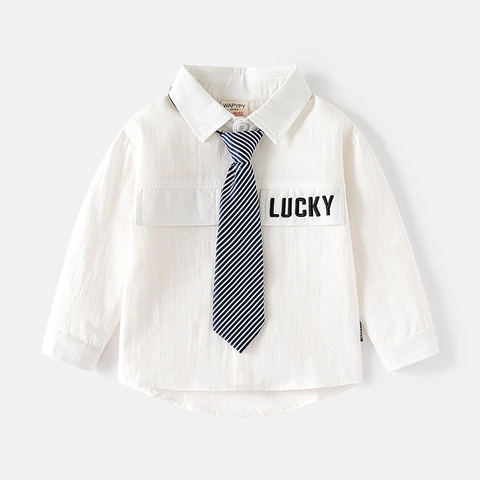 Camicia Bianca a Maniche Lunghe per Bambini Con Cravatta in Cotone Formale per Matrimonio Stampa Lettera Lucky Primavera Autunno Abbigliamento per Bambini
